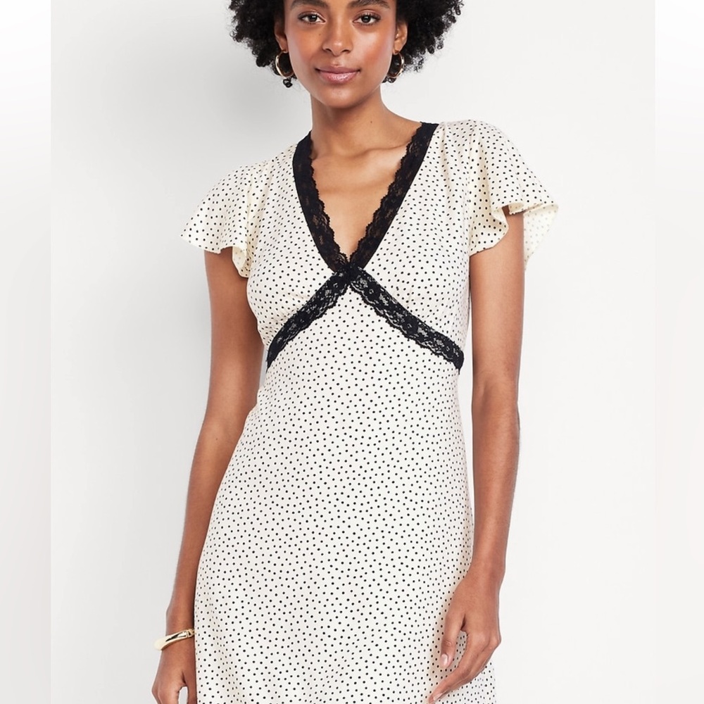 Old NavBlack and White Polka Dot Fit Flare crepe lace trim mini Dress